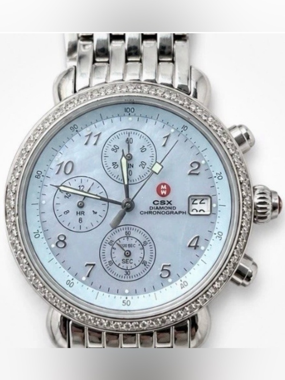 Michele Watch silver toned stainless steel w/diamond bezel and blue accent MOP